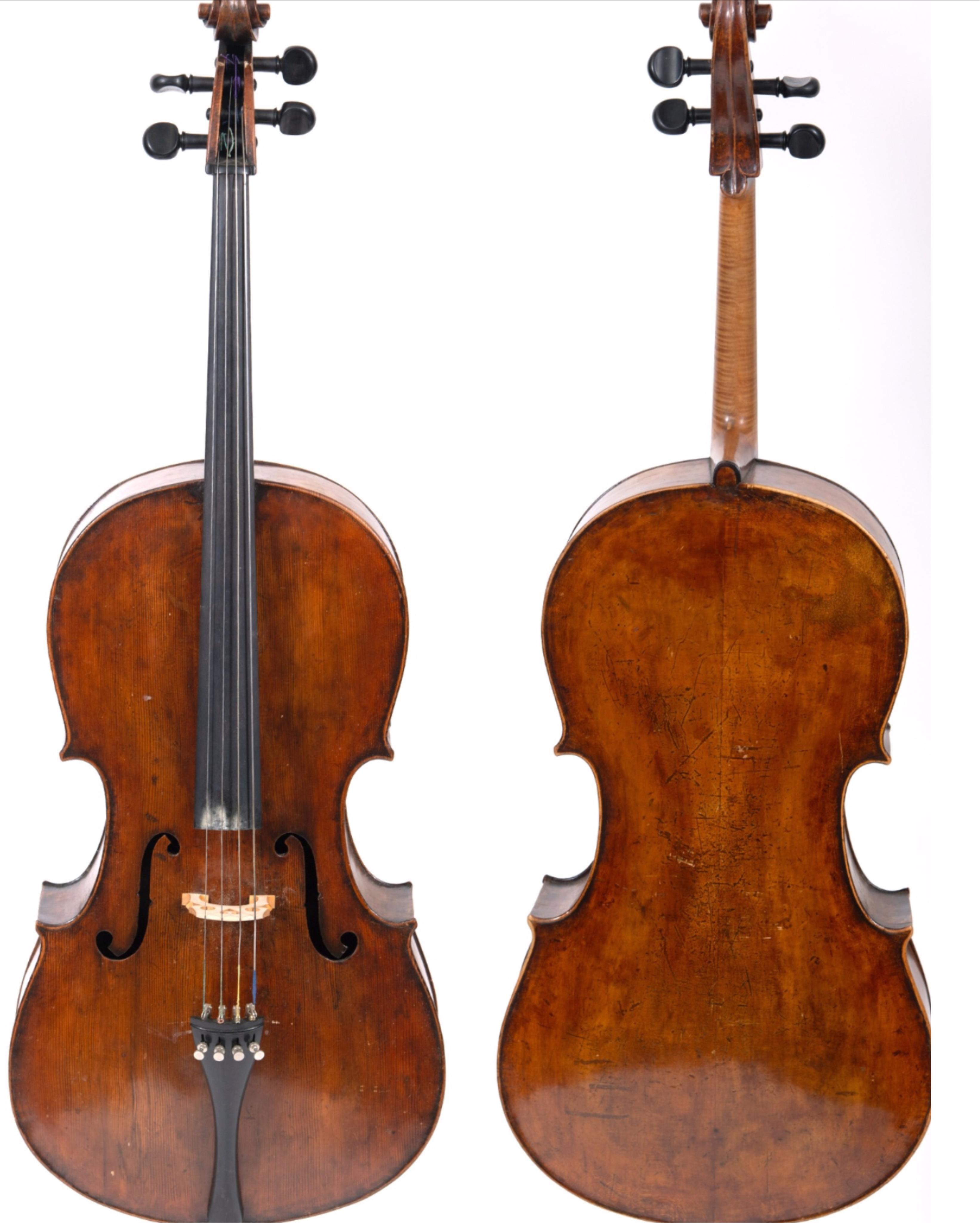 An early to mid 19th century German cello, attributed to Simon Voigt, Simon Voigt label inside with indistinct date, body 74.5cm, with a hard case. Condition - fair to good.